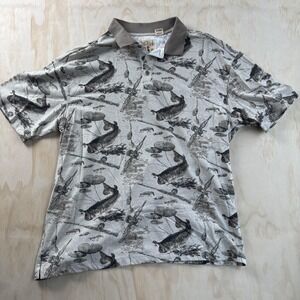 Red Head Polo Shirt Mens XL Gray Fishing Bass Graphic Print Outdoor Short Sleeve